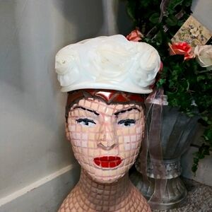 Vintage 1950's Ivory Chiffon Roses Pill Box Bridal/Church Hat